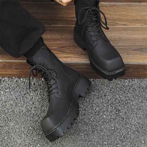 Microfiber PU Cuir synthétique & Caoutchouc Bottes Martens hommes Noir Paire