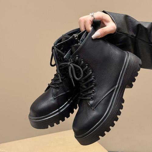 Black Front Lace-up Boots Women's Autumn and Winter New Thick-soled Boots