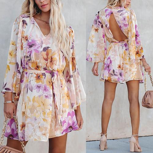 Spring and Summer New Fashion Dress Floral V-neck Long Sleeve Backless Lace-up Casual dress