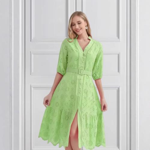 Fashion V-neck crochet hollow dress women's new solid color waist slimming dress