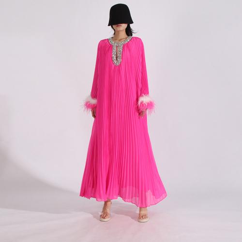 Polyester & Cotton Pleated One-piece Dress & loose & with rhinestone Feather patchwork PC