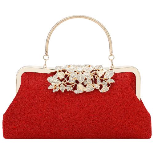 Lace Easy Matching Clutch Bag with chain & with rhinestone red PC