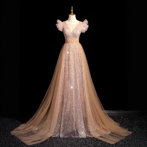 Polyester Robe longue de soirée Paillettes Champagne pièce