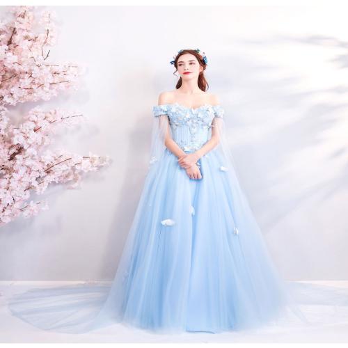 Polyester Long Evening Dress embroidered light blue PC