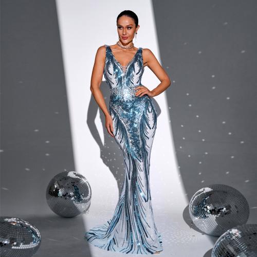 Elegant V-neck Sexy Long Sequin Banquet Fishtail Evening Dress