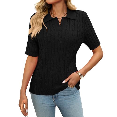 Summer women's short sleeve lapel sweater V-neck knitted pullover T-Shirt