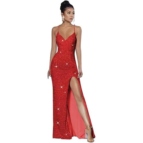 New Sleeveless Open Back Strap Red Deep V-Neck Sequin Long Evening Dress