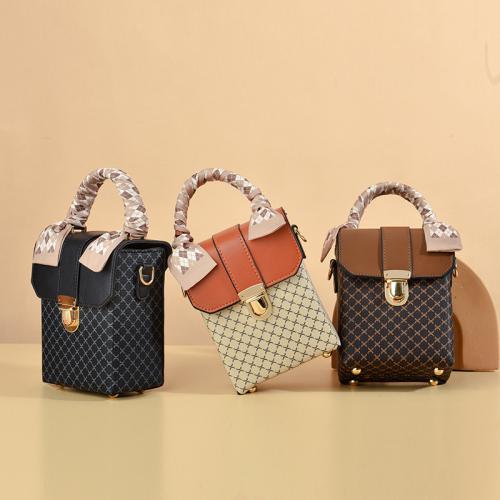 PU Leather with silk scarf & Box Bag & Concise Handbag attached with hanging strap plaid PC