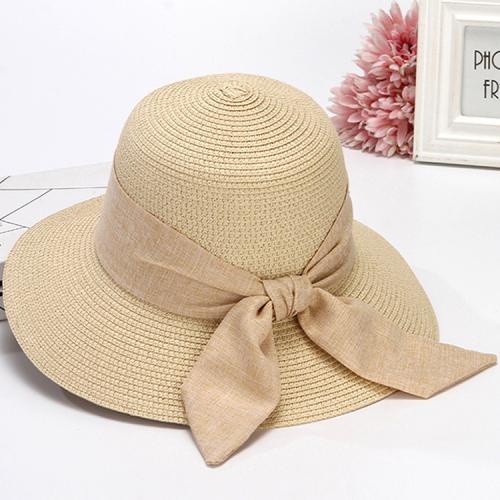 Women's Summer Wide-brimmed Beach Sunshade Hat Foldable Bow Straw Hat