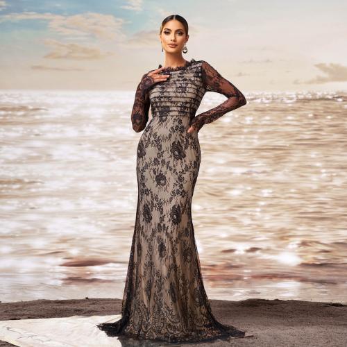 Gauze & Polyester Mermaid Long Evening Dress floral black PC