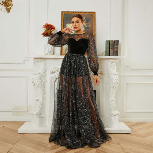 Gauze & Polyester Long Evening Dress large hem design Sequin floral black PC