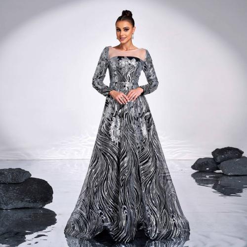 Polyester Long Evening Dress large hem design & backless Sequin black PC