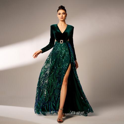 Polyester Long Evening Dress large hem design & side slit Sequin green PC