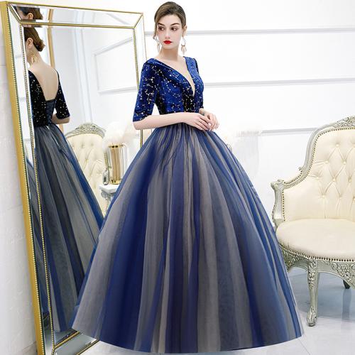 Polyester Long Evening Dress Navy Blue PC