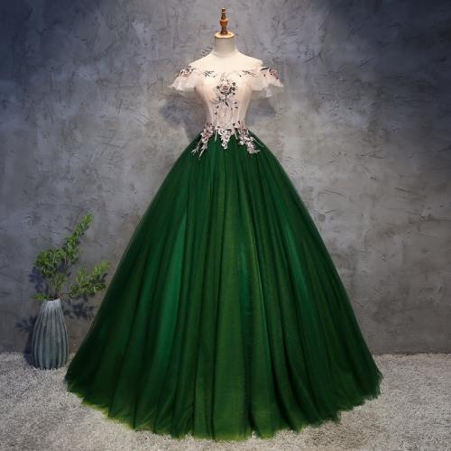 Polyester Off Shoulder Long Evening Dress green PC