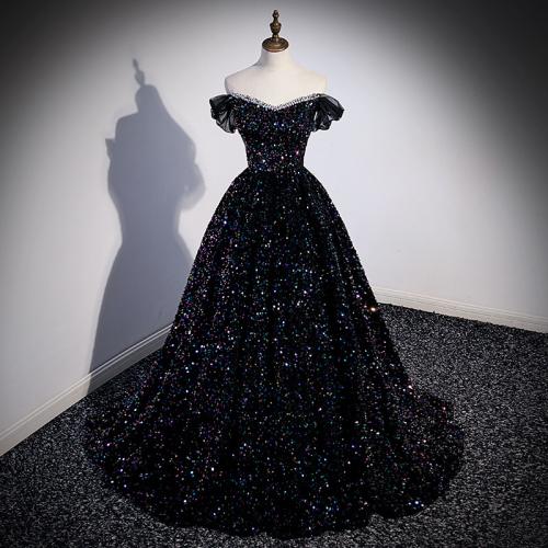 Polyester Off Shoulder Long Evening Dress Sequin black PC