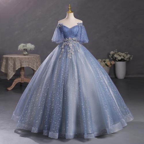 Polyester Long Evening Dress embroidered blue PC