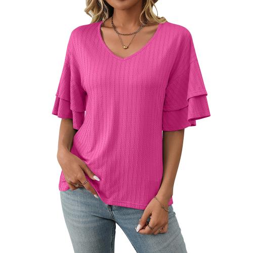 Women's New Solid Color V-neck Lotus Leaf Sleeve Short Sleeve T-shirt