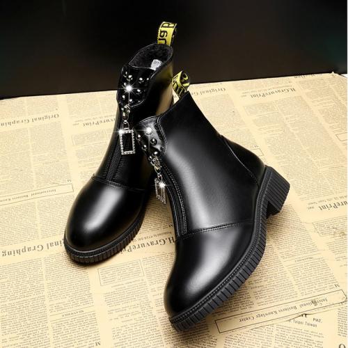 Cotton Boots Autumn and Winter Front Zipper Round Head Thick Heel Boots