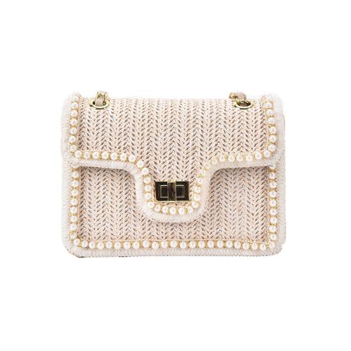 Paja Bolso de Crossbody,  Perla de plástico, blanco,  trozo