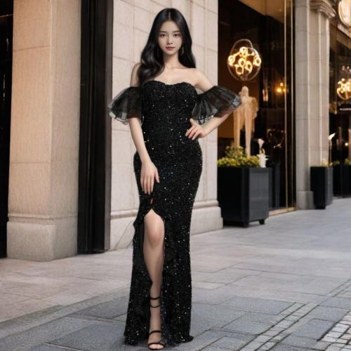 Organza & Polyester Long Evening Dress Sequin black PC