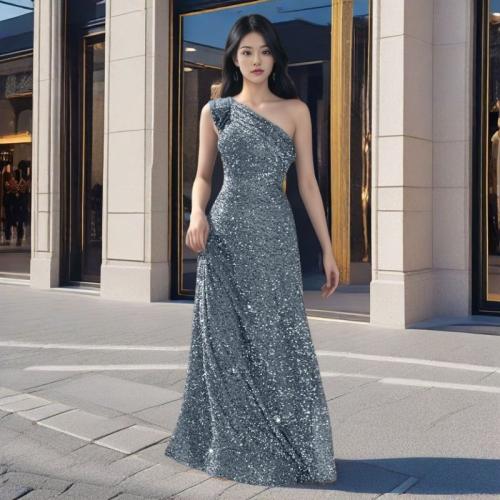 Polyester Long Evening Dress Sequin silver PC