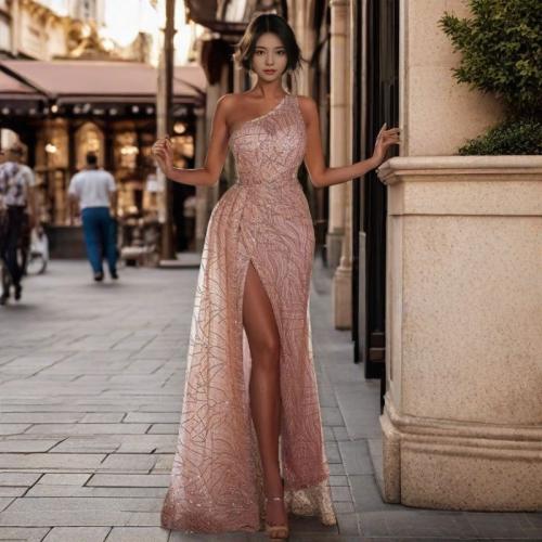 Organza & Polyester Long Evening Dress pink PC