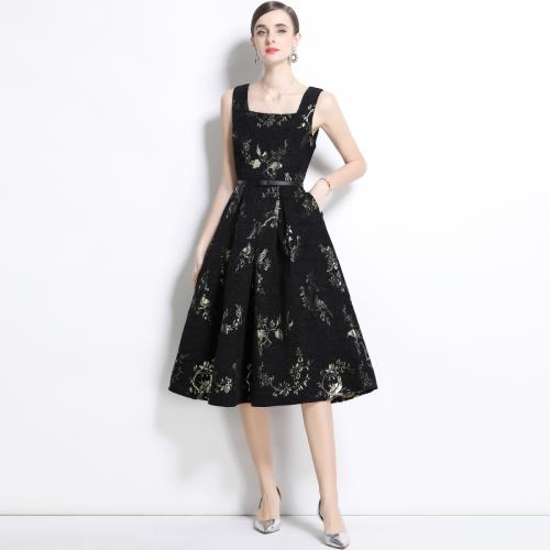 Polyester Waist-controlled Short Evening Dress large hem design & mid-calf gold foil print black PC