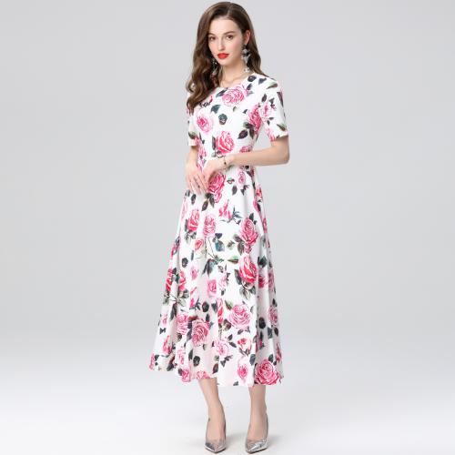 Polyester Waist-controlled & Soft One-piece Dress large hem design printed floral pink PC