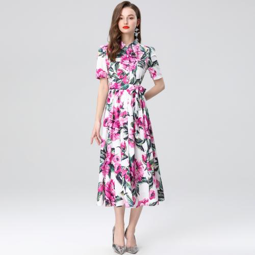 Polyester Waist-controlled One-piece Dress large hem design & slimming printed floral pink PC