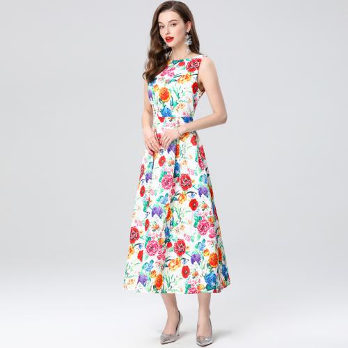 Polyester Waist-controlled One-piece Dress large hem design printed floral pink PC