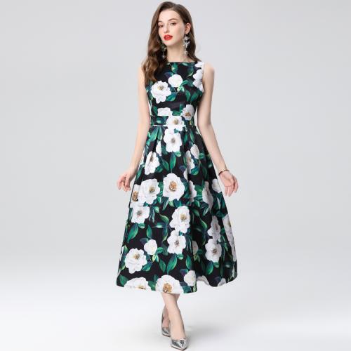 Polyester Waist-controlled One-piece Dress large hem design & mid-long style printed floral green PC