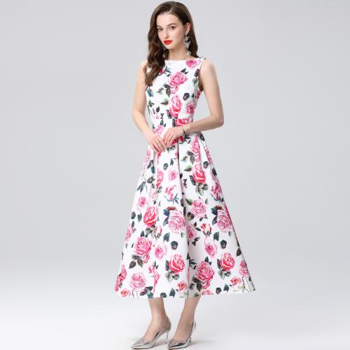 Polyester Waist-controlled Long Evening Dress large hem design & breathable printed floral pink PC