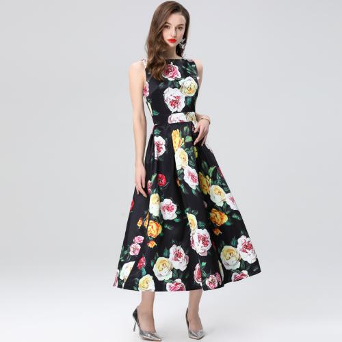 Polyester Waist-controlled Long Evening Dress large hem design & breathable printed floral black PC