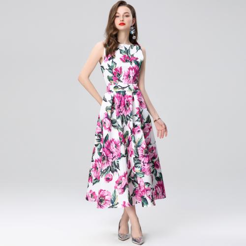 Polyester Waist-controlled Long Evening Dress large hem design & ankle-length printed floral pink PC