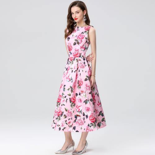 Polyester Waist-controlled & Soft Long Evening Dress & ankle-length printed floral pink PC