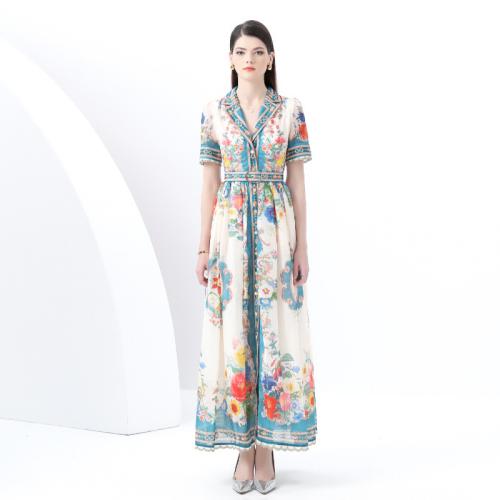 Polyester Waist-controlled & Soft & long style One-piece Dress printed blue PC