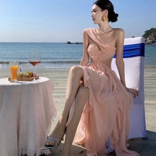 Polyester Slim One-piece Dress & hollow pink PC