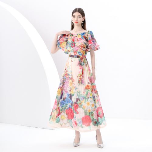 Polyester Waist-controlled One-piece Dress & off shoulder & ankle-length printed floral pink PC