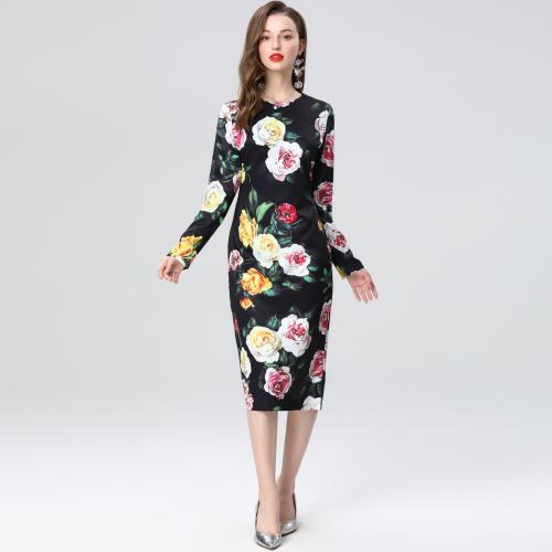 Poliéster Vestidos atractivos de la cadera del paquete, impreso, floral, negro,  trozo