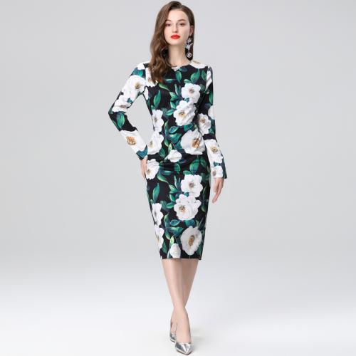 Polyester Sexy Package Hip Dresses flexible & slimming & back split printed floral green PC