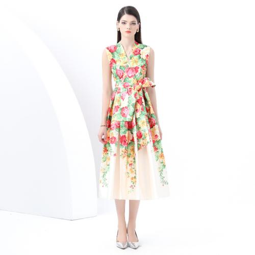 Polyester Waist-controlled One-piece Dress large hem design & mid-calf printed floral PC