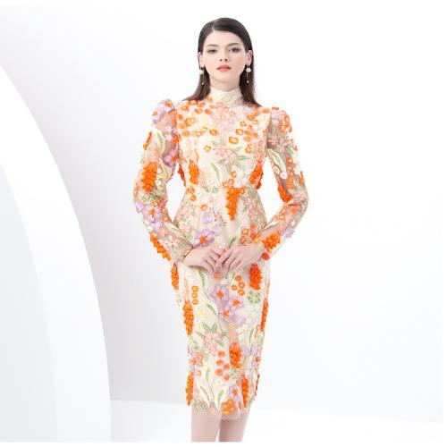 Poliéster Vestidos atractivos de la cadera del paquete, bordado, floral, naranja,  trozo