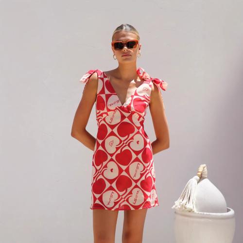 Summer New dress  Printed V-Neck Lace Mini Sling dress