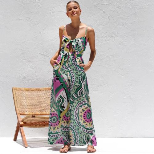 Polyester Long Jumpsuit backless & off shoulder & breathable printed green PC