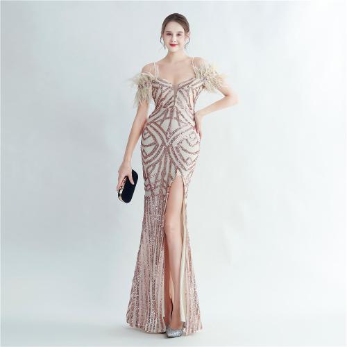 Polyester Waist-controlled Long Evening Dress side slit & off shoulder PC