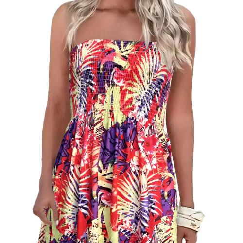 Polyester Slim Tube Top Dress & off shoulder printed leaf pattern mixed colors PC