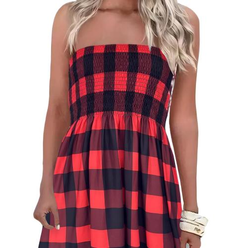 Polyester Slim Tube Top Dress & off shoulder printed plaid red and black PC