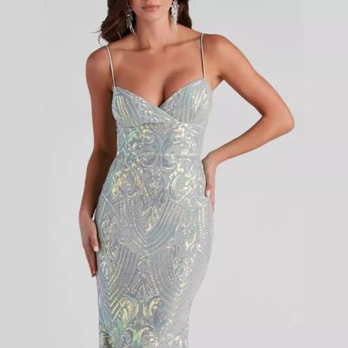 V-neck sequined floor-length evening dress elegant split banquet party dress