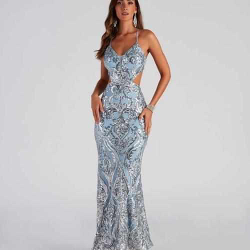 Polyester Slim Long Evening Dress light blue PC